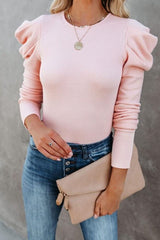 Pink Fall Retro Ruched Puff Sleeve Knitted T-Shirt Ins street