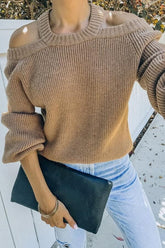 Camel Brown Malia Cold Shoulder Knit Sweater Ins street