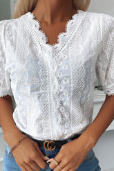V-Neck Lace Hem Eyelet Embroidered Top Ins street