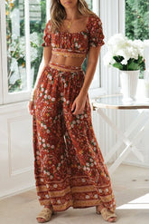 Floral Crop Top & Wide Legs Pants Two-Piece Set Ins street