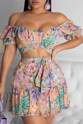 Off-Shoulder Floral Top & Skirt Coord Two-Piece Set Ins street