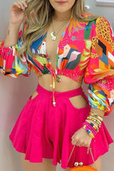 Colorblock Lantern Sleeve Top & Skirt Two-Piece Set Ins street