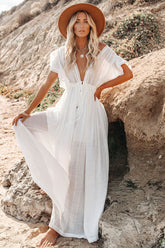 White Cover-ups Bikini Cover up Kaftan Women Long Maxi Dress Solid V neck Ladies Holiday Dress Ins street