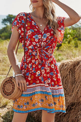 Red Floral Flare Sleeve Bow-Tie Front Mini Dress Ins street
