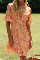 Orange Floral Flare Sleeves Open Back Mini Dress Ins street