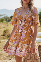 Multicolor V-Neck Flare Sleeve High Waist Knot Dress Ins street