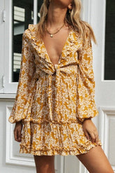 Ruffle Plunging Tie Long Sleeve Bohemian Mini Dress Ins street