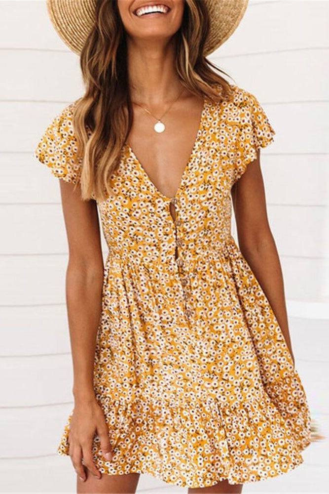 Button Above Knee Short Sleeve V-Neck Floral Women's Dress Ins street