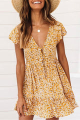 Button Above Knee Short Sleeve V-Neck Floral Women's Dress Ins street