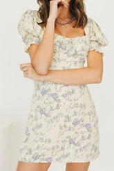 Floral Square Neck Puff Sleeve Mini Dress Ins street
