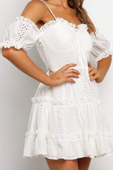 Eyelet Embroidered Ruffle Spaghetti Strap Summer Mini Dress Ins street