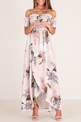 Short Sleeve Floor-Length Off Shoulder Pleated Expansion Women's Dress Ins street