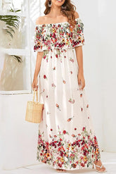 Patchwork Floor-Length Off Shoulder Half Sleeve Expansion Women's Dress Ins street