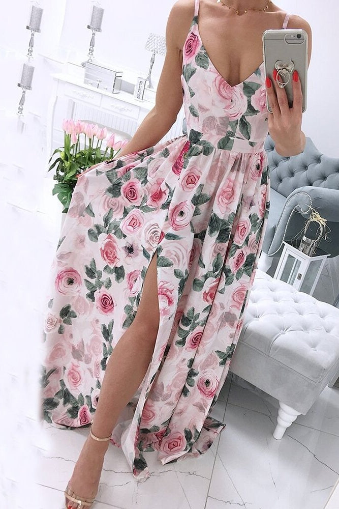 Floor-Length Split V-Neck Sleeveless A-Line Women's Dress Ins street