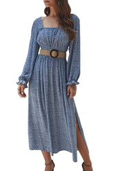 Square Collar Floral Slit Midi Dress Ins street