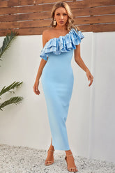 Santorini Ruffle Blue Maxi Bandage Dress Ins Street