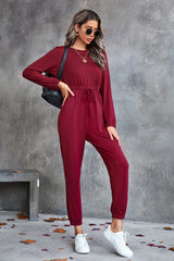Drawstring Waist Round Neck Long Sleeve Jumpsuit Ins Street