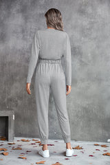 Drawstring Waist Surplice Long Sleeve Jumpsuit Ins Street