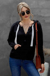 Lace Drawstrings Button-down Knitted Hoodie Ins Street