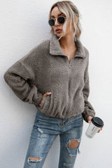 Drawstring Hem Zip Up Teddy Jacket Ins Street