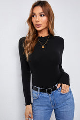 Mock Neck Lettuce Hem Long Sleeve Tee Ins Street