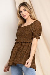 ODDI Full Size Leopard Smocked Frill Trim Babydoll Blouse Ins Street