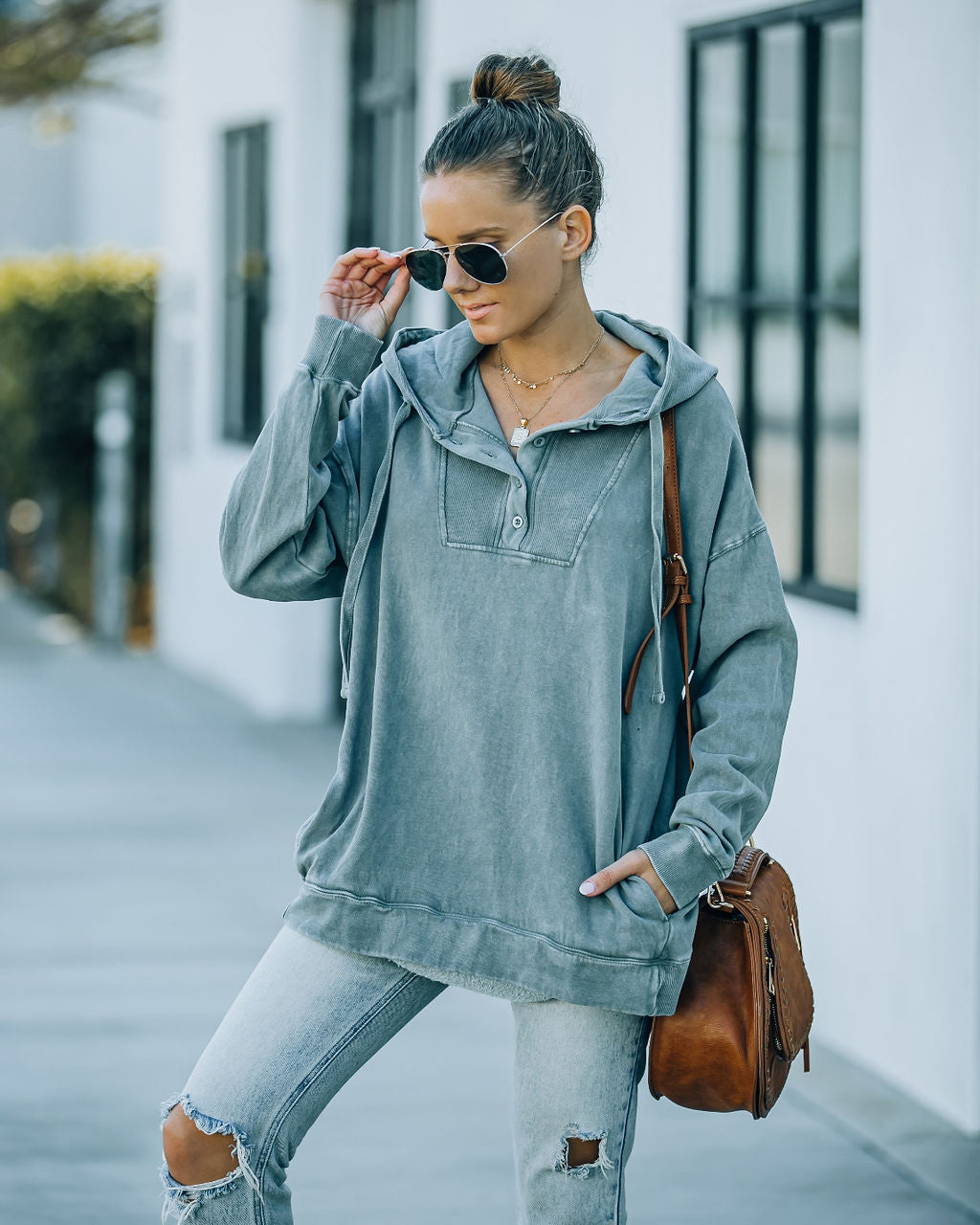 Iza Cotton Blend Pocketed Henley Hoodie - Seafoam Ins Street