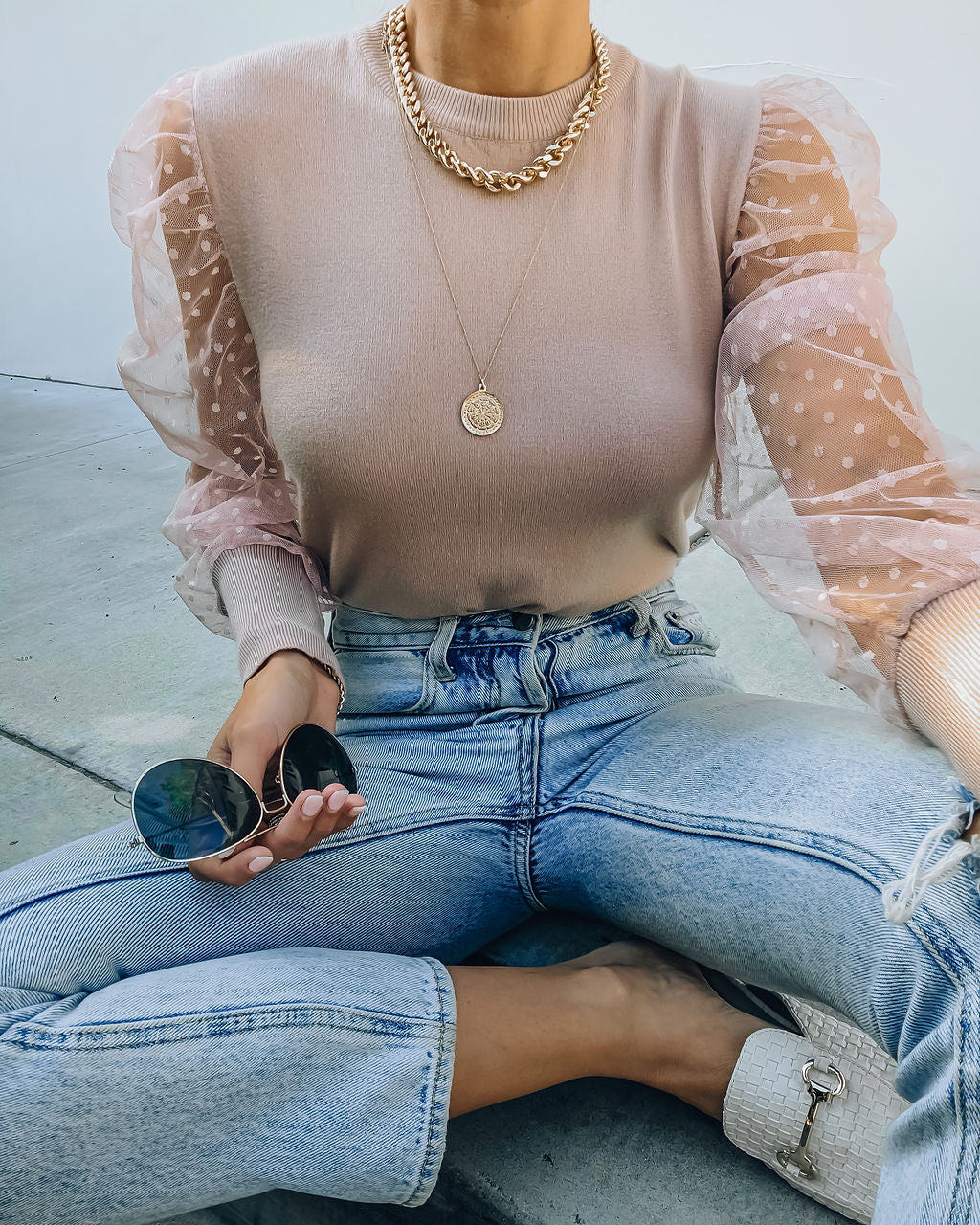 Lots Of Love Contrast Polka Dot Sleeve Knit Top - Mauve Ins Street