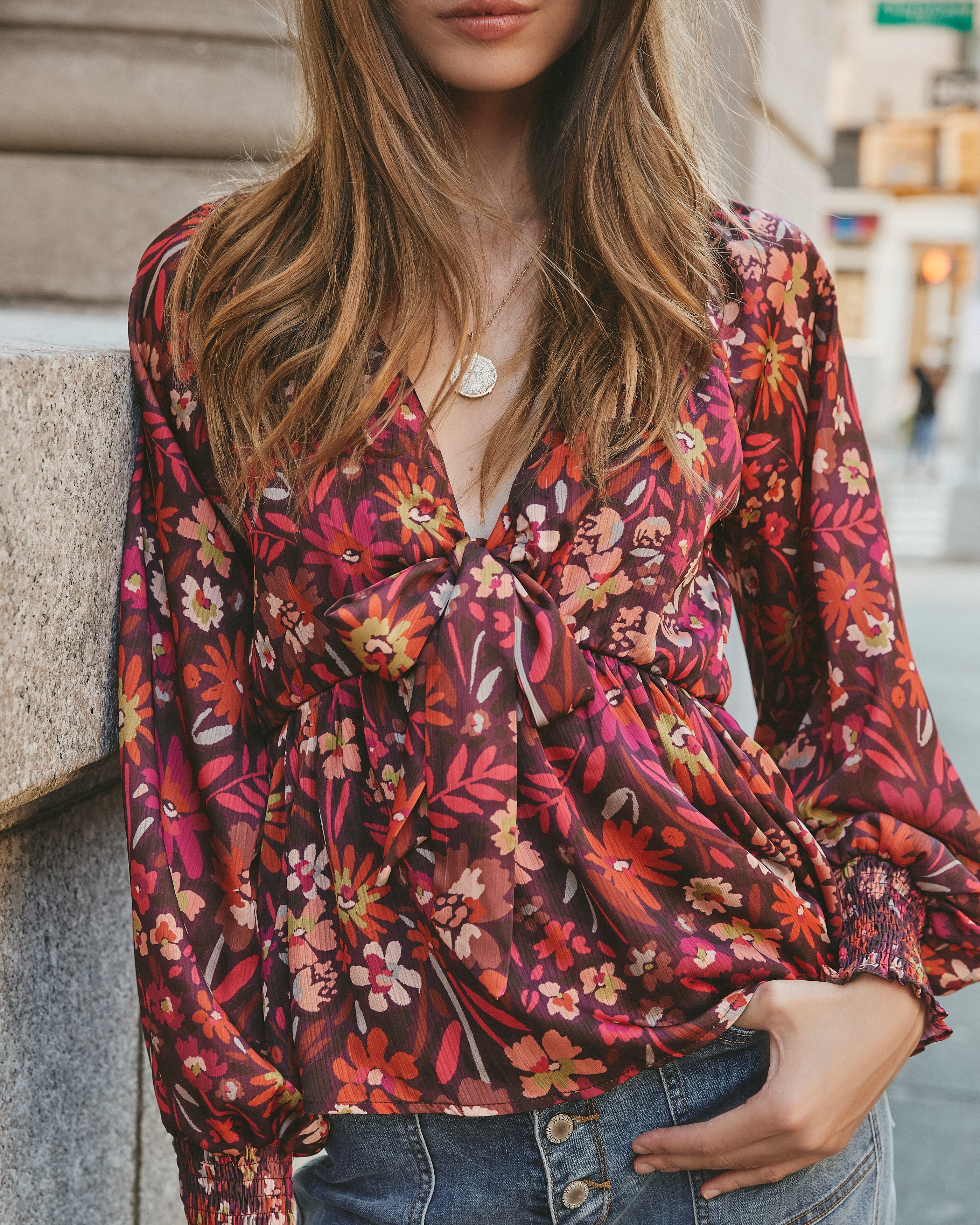 Village Views Floral Tie Front Babydoll Blouse Ins Street