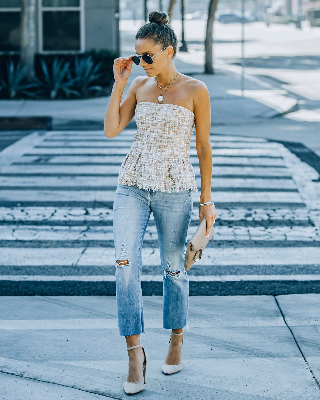 Bellany Strapless Tweed Peplum Top - Ivory Pink InsStreet