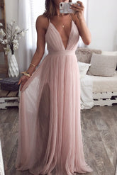 Kahli V-neck Chiffon Pink Sheer Dress Ins street