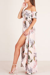 Short Sleeve Floor-Length Off Shoulder Pleated Expansion Women's Dress Ins street