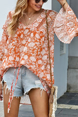 Floral V-Neck Patchwork Nine Points Sleeve Tunic Ins street