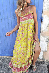 Square Neck Floor-Length Sleeveless Patchwork Floral Women's Dress Ins street