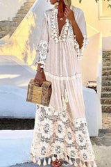 V-Neck Patchwork Floor-Length Nine Points Sleeve Summer Women's Dress Ins street