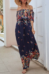 Half Sleeve Patchwork Off Shoulder Floor-Length Spring Women's Dress Ins street