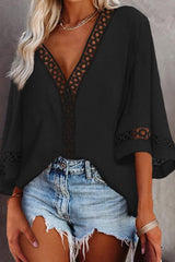 Plain V-Neck Patchwork Standard Women's Blouse Ins street