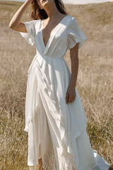 Short Sleeve Floor-Length V-Neck Patchwork Plain White Dress Ins street
