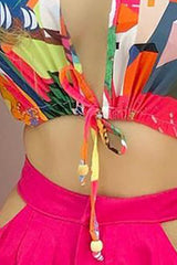 Colorblock Lantern Sleeve Top & Skirt Two-Piece Set Ins street