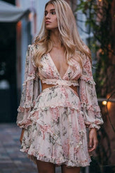 Floral Long Sleeve Ruffle Lace-Up Back Mini Dress Ins street