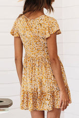 Button Above Knee Short Sleeve V-Neck Floral Women's Dress Ins street