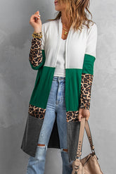 Leopard Color Block Open Front Longline Cardigan Ins Street