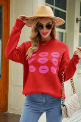 Lip Graphic Slit Dropped Shoulder Sweater Ins Street