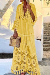 V-Neck Patchwork Floor-Length Nine Points Sleeve Summer Women's Dress Ins street