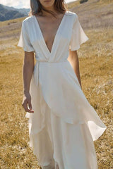 Short Sleeve Floor-Length V-Neck Patchwork Plain White Dress Ins street