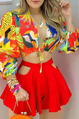 Colorblock Lantern Sleeve Top & Skirt Two-Piece Set Ins street