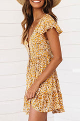 Button Above Knee Short Sleeve V-Neck Floral Women's Dress Ins street