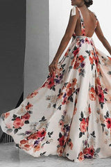 Print V-Neck Floor-Length Sleeveless Floral Women's Dress Ins street