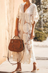 Half Sleeve V-Neck Patchwork Mid-Calf Plain Women's Dress Ins street