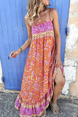 Square Neck Floor-Length Sleeveless Patchwork Floral Women's Dress Ins street
